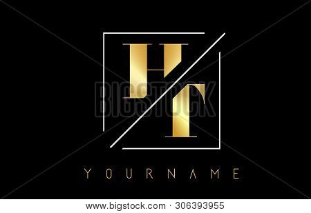 Ht Golden Letter Logo With Cutted And Intersected Design And Square Frame Vector Illustration