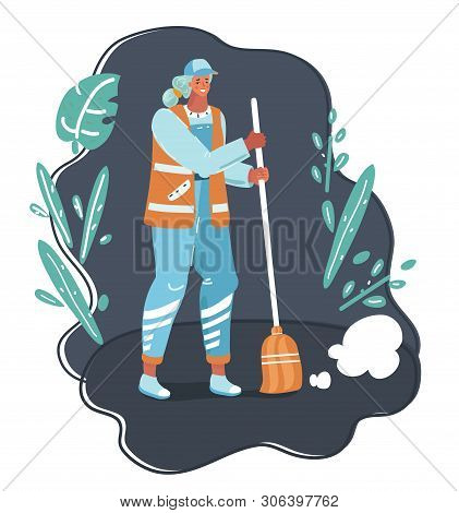 Vector Cartoon Illustration Of Female Street Cleaner. Woman Character In Night Or Early Morning Is S
