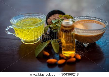 Homemade Hair Conditioner On Wooden Surface Of Devil's Dung Powder Or Hing Powder Well Mixed With Gr