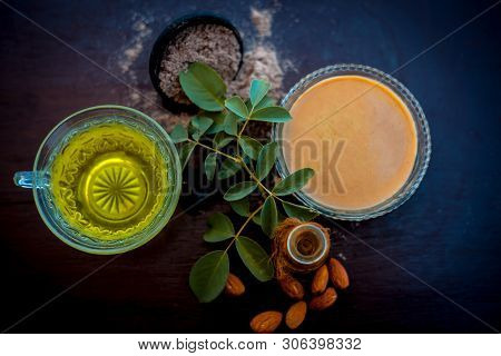 Homemade Hair Conditioner On Wooden Surface Of Devil's Dung Powder Or Hing Powder Well Mixed With Gr