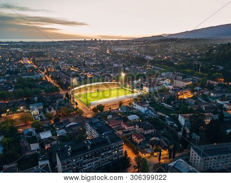 Evening Sukhum, Football Stadium In Evening, Aerial View From Drone