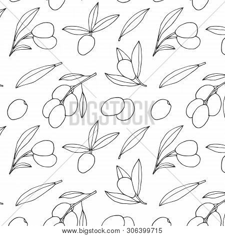 Olive Branches Sketch Pattern. Hand Drawn Vector Oliva Oil Background.