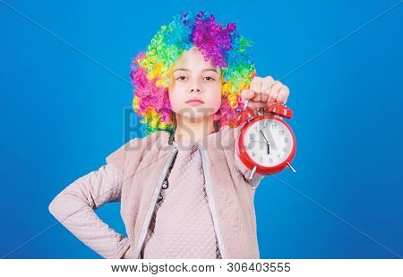 Punctuality Is A Kingly Virtue. Cute Little Child Demanding Punctuality. Adorable Small Girl Strictl