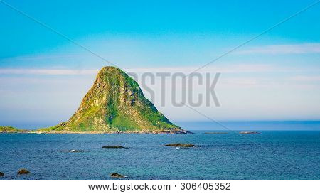 Seascape, Sea Coast And Island Bleiksoya In The Distance, Resort Bleik Andoya Norway. Vesteralen Arc