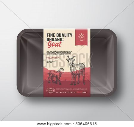 Fine Quality Organic Goat. Abstract Vector Meat Plastic Tray Container With Cellophane Cover. Vertic