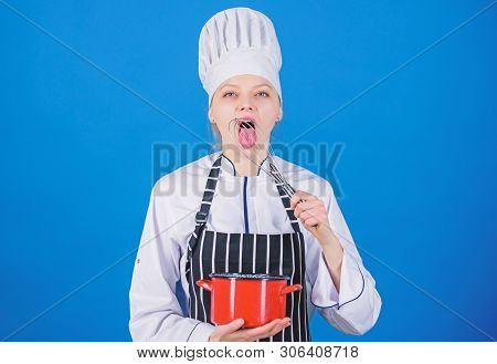 Woman Professional Chef Hold Whisk And Pot. Whipping Like Pro. Girl In Apron Whipping Eggs Or Cream.