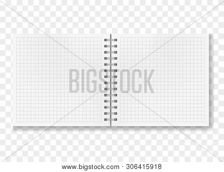 Opened Realistic Square Quad Ruled Notebook On Spiral Binder Mockup, School Notepad Blank Two Page O