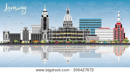 Lansing Michigan City Skyline with Color Buildings, Blue Sky and Reflections. Business Travel and Concept with Historic Architecture. Lansing USA Cityscape with Landmarks.
