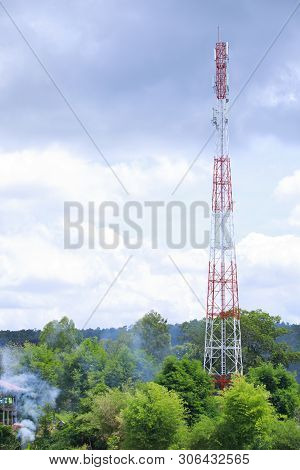 Communication Tower,telephone Antenna With Beautiful Sky Background