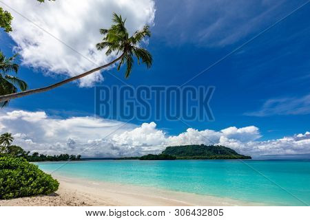 Amazing Port Orly sandy beach with palm trees, Espiritu Santo Island, Vanuatu.