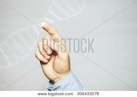 Close Up Of Man Touching Dna Molecule. White Background. Mixed Media.