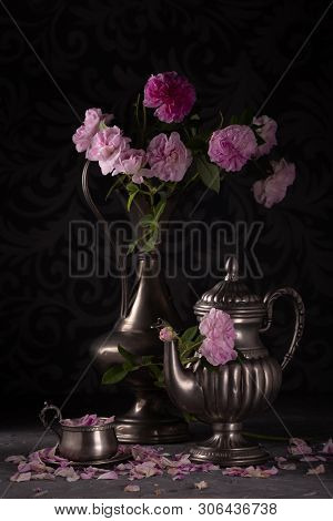Vintage Still Life With Pink Roses And Tin Jug