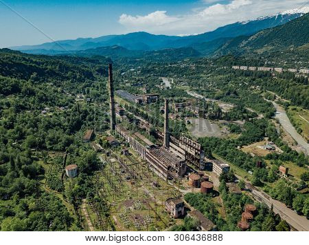 Aerial View Of Abandoned Tkvarcheli Thermal Power Plant, Abkhazia, Georgia