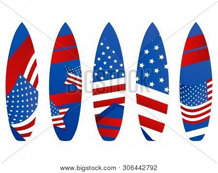 Surfboards With Usa Flag On A White Background. Types Of Surfboards With A Pattern. Vector Illustrat