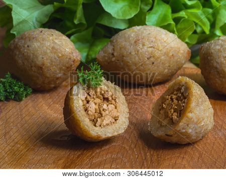 Arabic Meat Appetizer Kibbeh. Traditional Arabic Kibbeh With Lamb And Pine Nuts. Close Up.