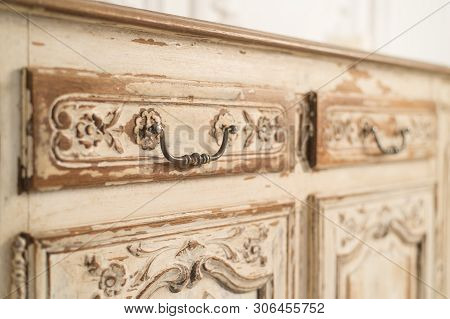 Luxurious Bright Interior With Vintage Chest Of Drawers. Close Up. Selective Focus.