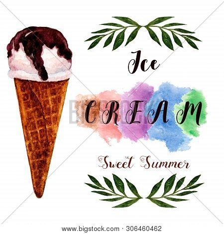 Watercolor Ice Cream. Watercolor Hand Painted Illustration. Sweet Summer.