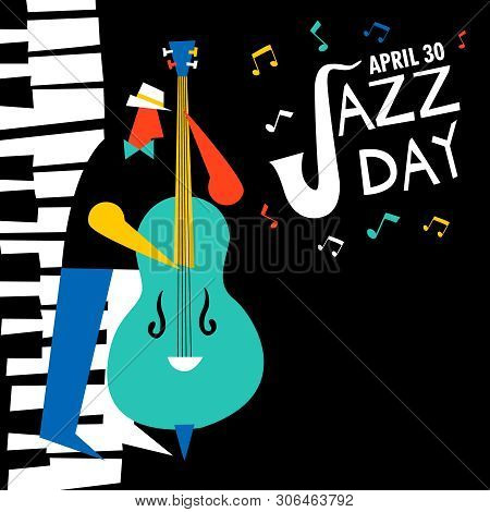 Jazz Day Illustration For Music Celebration Event. Man Playing Double Bass With Piano Key Background