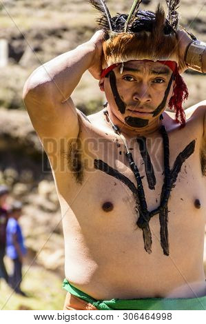 San Andres Semetabaj, Lake Atitlan, Guatemala - November 10, 2018:  Maya Man In Ceremonial Dress Pre