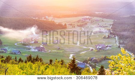 Jizerka Village At Sunset Time. View From Bukovec Mountain, Jizera Mountains, Czech Republic