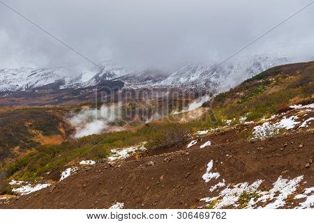 View Of The Eastern Mountain Covered By Clouds, Jelizevo District, Peninsula Kamchatka. Water Vapor 