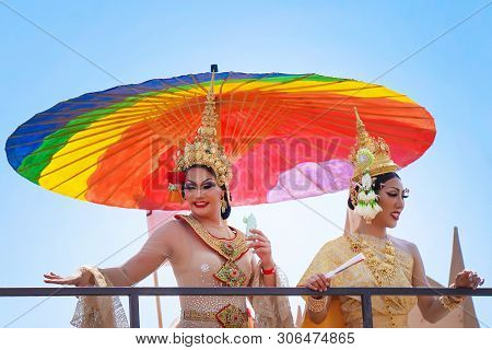 The Annual Parade Lgbt. Girls Lesbians In The Gay Pride Parade. Parade Of Tolerance. Rainbow Flags A