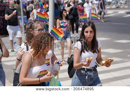 The Annual Parade Lgbt. Girls Lesbians Walking In The Gay Pride Parade. Parade Of Tolerance. Rainbow
