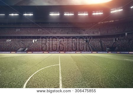 Soccer Field With Lights And Spectors 3d Rendering