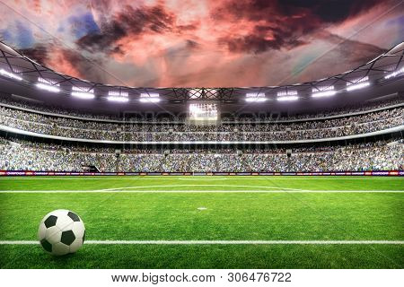 Soccer Field With Lights And Spectors Panorama 3d Rendering