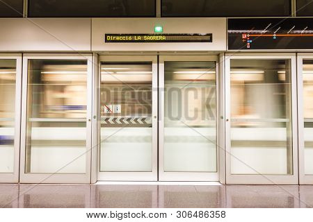 Barcelona, Spain - September 06, 2018: The Platform On The L9 In The Fondo Metro Station