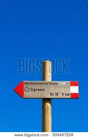 Siena, Italy - June 19, 2018. A Road Sign In The Crete Senesi (senese Clays) Reading: 