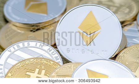 Physical Metal Silver Ethereum Currency Over Others Coins. Cryptocurrency