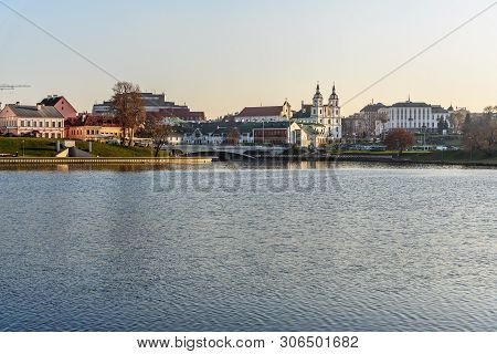 View Of Upper Town And Traetskae Pradmestse Or Trinity Suburb On Svisloch River Bank In Historical C