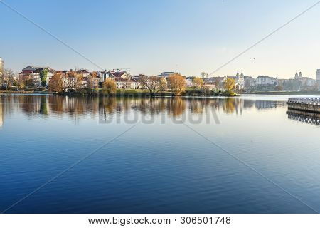 View Of Upper Town And Traetskae Pradmestse Or Trinity Suburb On Svisloch River Bank In Historical C