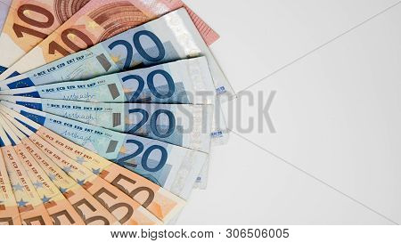 Euros Bills Of Different Values. Euro Bill Of Twenty And Fifty