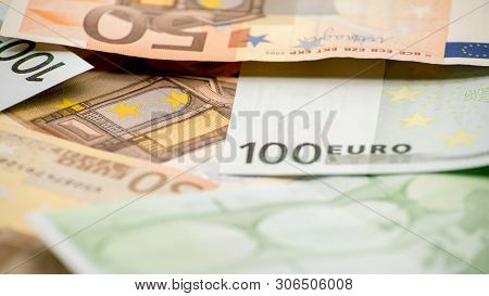Euros Bills Of Different Values. Euro Bill Of One Hundred