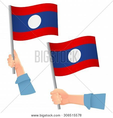 Laos Flag In Hand. Patriotic Background. National Flag Of Laos Vector Illustration