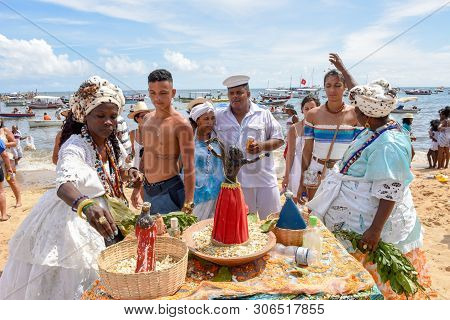 Salvador, Brazil - 2 February 2019: People During The Celebration Of Yemanja At Salvador Bahia On Br