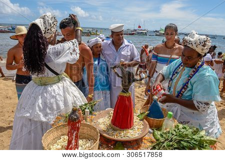 Salvador, Brazil - 2 February 2019: People During The Celebration Of Yemanja At Salvador Bahia On Br
