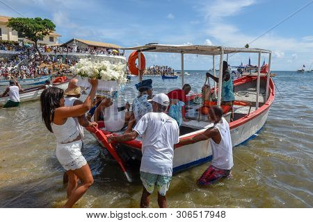 Salvador, Brazil - 2 February 2019: people during the celebration of Yemanja at Salvador Bahia on Br