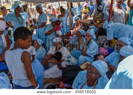 Salvador, Brazil - 2 February 2019: People During The Celebration Of Yemanja At Salvador Bahia On Br