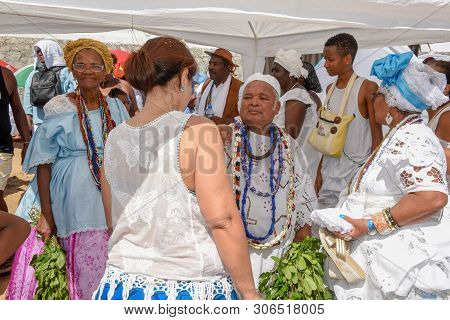 Salvador, Brazil - 2 February 2019: People During The Celebration Of Yemanja At Salvador Bahia On Br