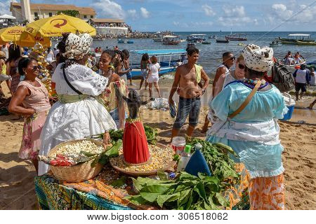 Salvador, Brazil - 2 February 2019: People During The Celebration Of Yemanja At Salvador Bahia On Br