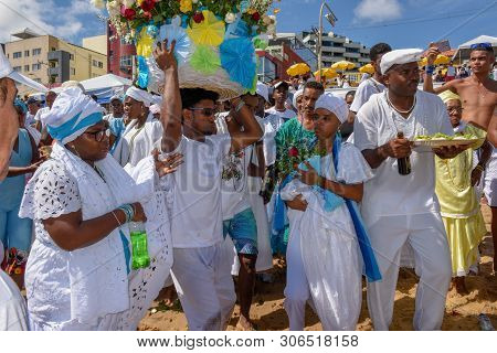 Salvador, Brazil - 2 February 2019: People During The Celebration Of Yemanja At Salvador Bahia On Br