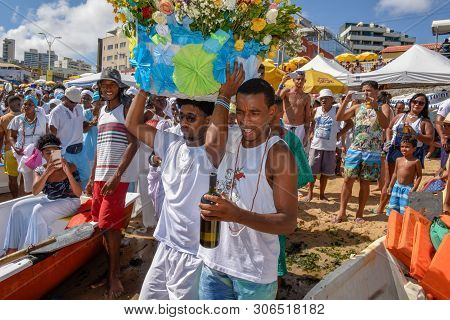 Salvador, Brazil - 2 February 2019: People During The Celebration Of Yemanja At Salvador Bahia On Br
