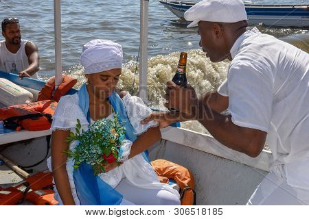 Salvador, Brazil - 2 February 2019: people during the celebration of Yemanja at Salvador Bahia on Br