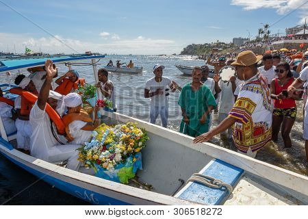 Salvador, Brazil - 2 February 2019: People During The Celebration Of Yemanja At Salvador Bahia On Br