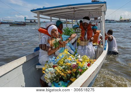 Salvador, Brazil - 2 February 2019: people during the celebration of Yemanja at Salvador Bahia on Br