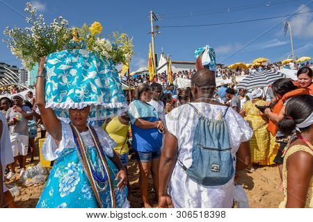 Salvador, Brazil - 2 February 2019: people during the celebration of Yemanja at Salvador Bahia on Br