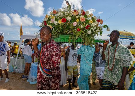 Salvador, Brazil - 2 February 2019: people during the celebration of Yemanja at Salvador Bahia on Br